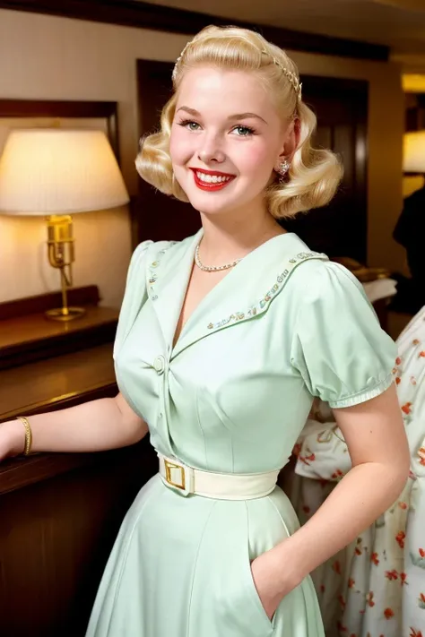 Newyork, 1952. A young american white girl, 23-year-old, blonde hair, strikingly beautiful, delicate facial features, porcelain skin, expressive eyes, in the hotel, ((awe and joy expression)), ((((clothings from the 1950s)))), ((hairstyle of the 1950s)), c...