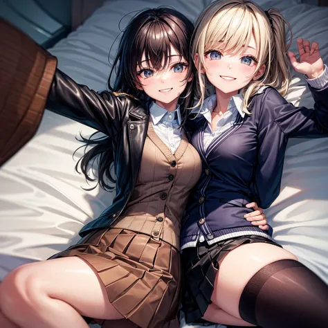 best quality，8K，smile，cardigan，leather jacket，uniform，blazer，いuniform，cardigan，Girls hugging each other，bed，Boyfriend&#39;s house，Evolution Fashion，future fashion，blazer，ribbon on uniform，mini skirt，high school girl，multiple girls are depicted，harem，idol g...