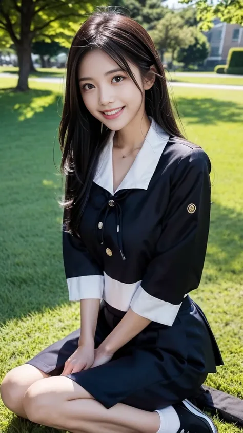 A scene of a black-haired woman wearing a sailor uniform sitting on the grass on a sunny day with a big smile