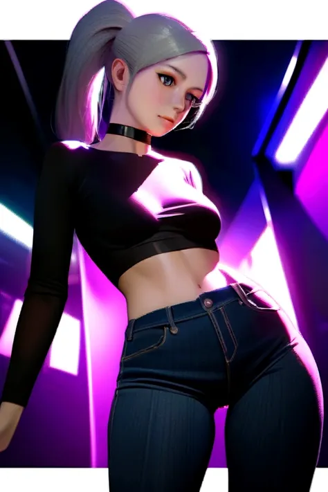 Beautiful gray-haired woman shows herself with a slender figure, she is wearing a nsfw cropped sweater and skinny jeans, choker, sexy look, long thin ponytail, pretty eyes, girl in nightlife ,sexy session, pose sexy, calca shot, Superior quality, many deta...