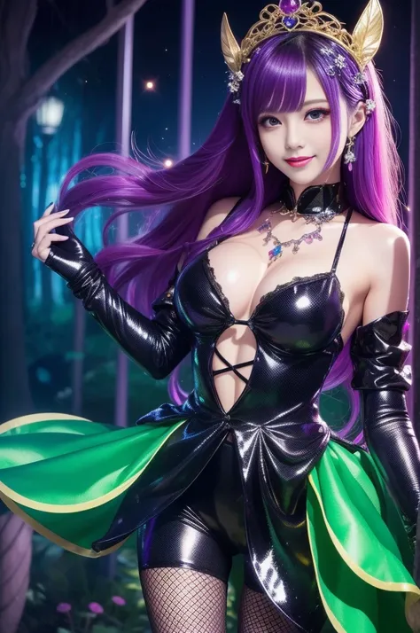 sexy stylish female who controls poison、beautiful smile、lipgloss、long lashes、intense makeup、look at the camera、full body Esbian、、sparkling poisoned flower costume、、、、shiny sparkling multicolor hair、secrete poison、skull hair accessories、fishnet tights、shiny...