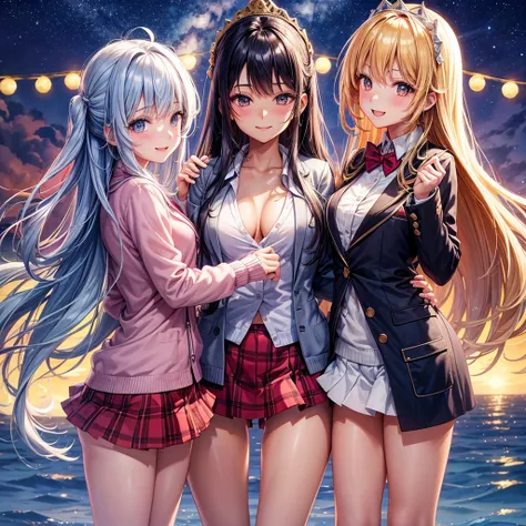 best quality，，smile，blazer，swimsuit，nepal，middle School girlultiple girls are depicted,harem，idol group，starry sky background，photo shoot，long hair，wearing a cardigan，beautiful girlの国，girl&#39;s paradise，highest quality，big breasts，leather jacket，happy gir...