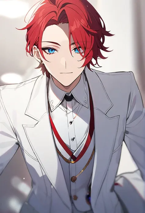 boy, red hair, blue eyes, white suit, white tuxedo