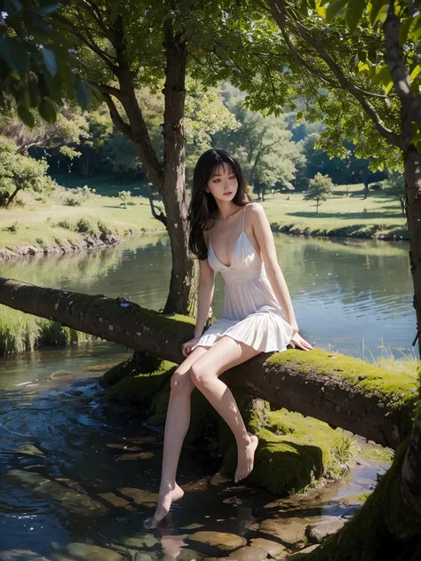 (masterpiece), (realistically), (Best quality), Young beautiful girl，full length, a slim body, Beautiful face, face to screen, minimum clothing, Short dress, fantastic landscape, the forest, fantastic mountains, distant lake,Beautiful setting, Tranquil env...