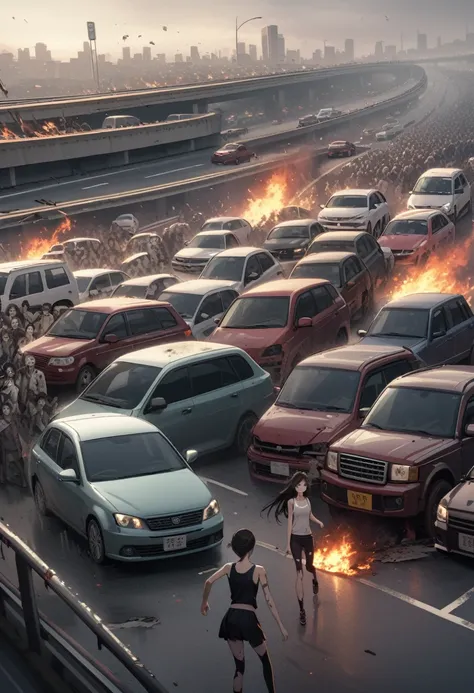 woman,spats,belly button,Tank top,slender,run away,Clothes are torn,Covered in scars,fear,Watery eye,Being chased by a large number of beautiful zombies,End of the World,Defects in the body,Expressway,traffic jam,Car accident,fire