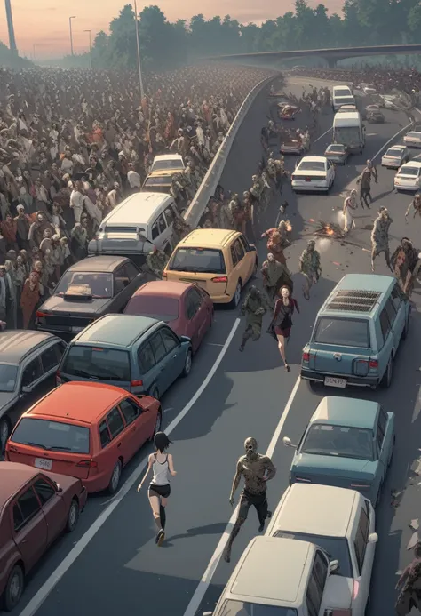 woman,spats,belly button,Tank top,slender,run away,Clothes are torn,Covered in scars,fear,Watery eye,Being chased by a large number of beautiful zombies,End of the World,Defects in the body,Expressway,traffic jam,Car accident,fire