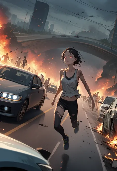 woman,spats,belly button,Tank top,slender,run away,Clothes are torn,Covered in scars,fear,Watery eye,Being chased by a large number of beautiful zombies,End of the World,Defects in the body,Expressway,traffic jam,Car accident,fire