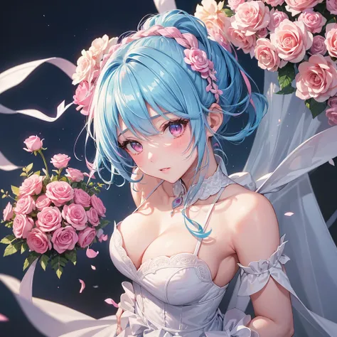 Sky blue hair, (Braided Ponytail),(Pink Eyes),Fair skin ,(whole body),(1 Girl),bride,blush,Straight bangs, 6月のbride,Wedding dress,(masterpiece, Highest quality, Very detailed, Best Shadow), (Detailed Background), (Beautifully detailed face), High Contrast,...