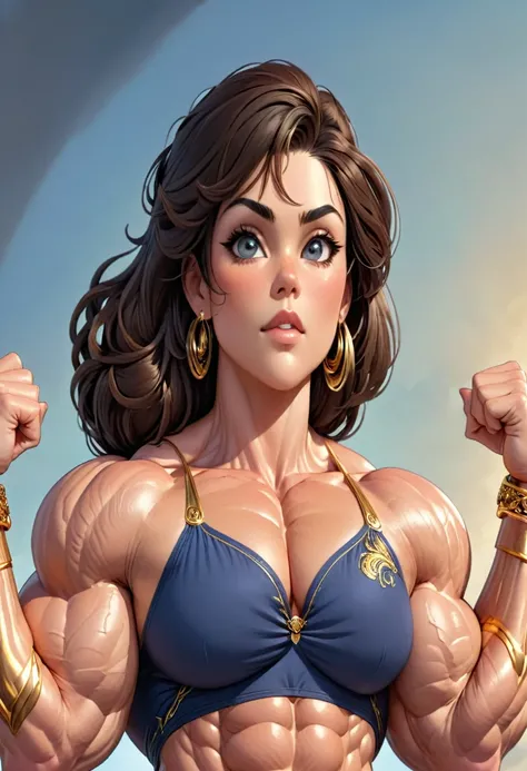 (masterpiece:1.2), (best quality), (ultra detailed), (8k, 4k, intricate),(full-body-shot:1), (highly detailed:1.2),(detailed face:1.2), (detailed background), muscle woman with brunette hair wearing top and gold bracelets, muscle woman, big muscles, huge m...