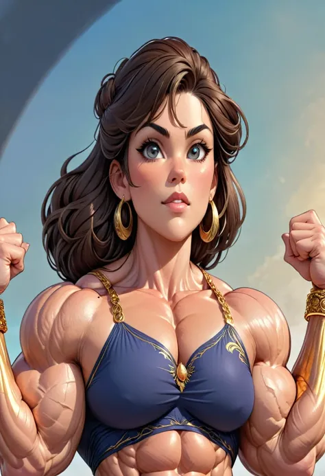 (masterpiece:1.2), (best quality), (ultra detailed), (8k, 4k, intricate),(full-body-shot:1), (highly detailed:1.2),(detailed face:1.2), (detailed background), muscle woman with brunette hair wearing top and gold bracelets, muscle woman, big muscles, huge m...