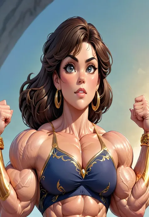 (masterpiece:1.2), (best quality), (ultra detailed), (8k, 4k, intricate),(full-body-shot:1), (highly detailed:1.2),(detailed face:1.2), (detailed background), muscle woman with brunette hair wearing top and gold bracelets, muscle woman, big muscles, huge m...