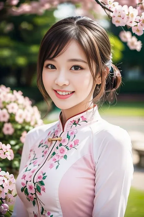 (a gorgeous lady, age 18, vietnamese traditional dress ao dai, posing at takada castle park cherry blossom, friendly expression,...