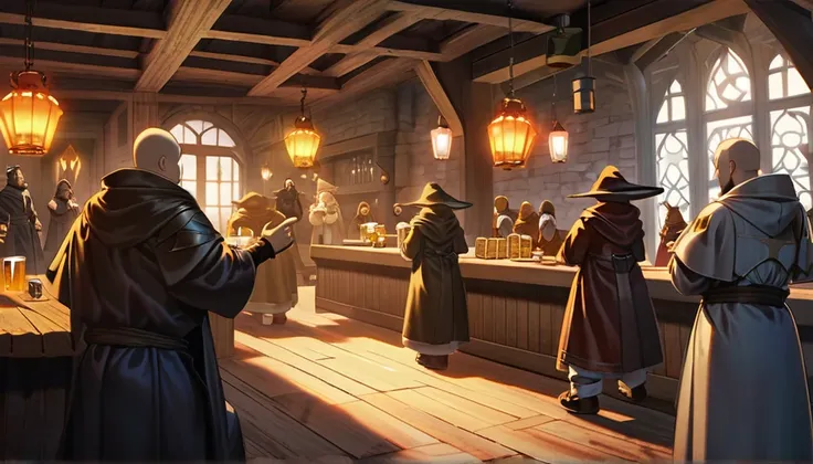 ((Final Fantasy Tactics based, anime Infinite Status art, 4k, epic quality, Surrealist Dreamy, detailed texture)). The theme is festive.  Its night.  The setting is a large old medieval tavern, well detailed, wooden furniture, wooden walls with chandeliers...