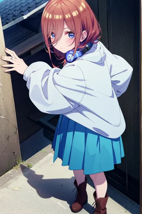 miku nakano, Nakano Miku Ticket III, Long Hair, bangs, blue eyes, Brown Hair, Hair between the eyes,Baseball hats,Headphones around neck,Oversized blue hoodie,Long skirt,short boots,rain,Hiding in a roofed building,Standing with my back against the wall,wh...