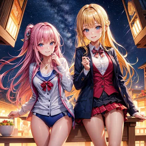 best quality，，smile，blazer，swimsuit，nepal，middle School girlultiple girls are depicted,harem，idol group，starry sky background，photo shoot，long hair，wearing a cardigan，beautiful girlの国，girl&#39;s paradise，highest quality，big breasts，leather jacket，happy gir...