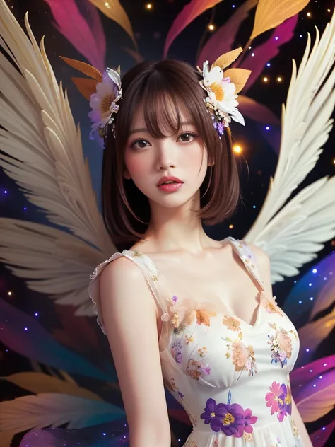 4K Ultra HD, masterpiece, girl, Nice face, Fine grain, Detailed lips, Flower fairy girl, Big Wings, Transparent feathers, Neon Light, (Galaxy Background:1.5), (Floral Dress:1.8), (White Dress:1.5), In heaven,