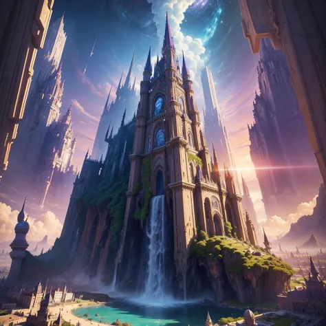 ((masterpiece)), Highest quality, (8K, Highest quality, masterpiece:1.2), Ultra-detailed, figure, Big Fantasy City, sf, Ether City, Floating city, Skyscrapers，Super huge waterfall，Many planets in the sky, clouds around, Celestial architecture, Purple energ...