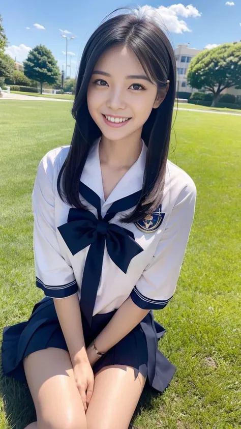 A scene of a black-haired woman wearing a sailor uniform sitting on the grass on a sunny day with a big smile