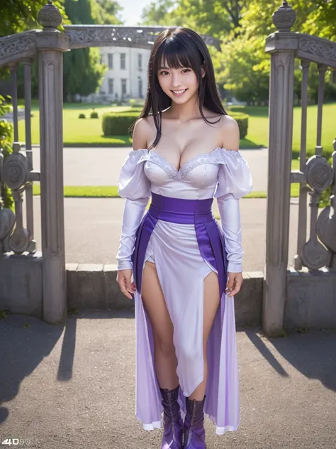 a beautiful japanese girl, very cute high school girl assassin, detailed portrait of innocent 16 year old virgin,  in front of a lords manor at the main entrance, (off-shoulder silver breastplate), (purple 
long maxi-skirt:1.2), (purple arm cover, silver b...