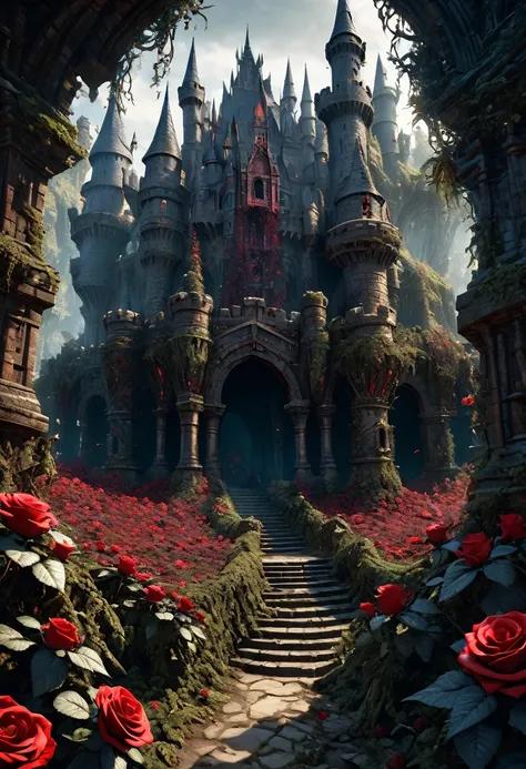 A fantastical image of a reddish castle surrounded by ultra sharp and prickly brambles with scarlet roses on them. Ultra dark, dark fantasy, dark souls. Very detailed, UHD, masterpiece