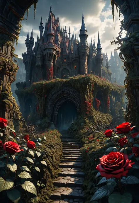 A fantastical image of a reddish castle surrounded by ultra sharp and prickly brambles with scarlet roses on them. Ultra dark, dark fantasy, dark souls. Very detailed, UHD, masterpiece