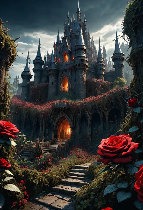 A fantastical image of a reddish castle surrounded by ultra sharp and prickly brambles with scarlet roses on them. Ultra dark, dark fantasy, dark souls. Very detailed, UHD, masterpiece