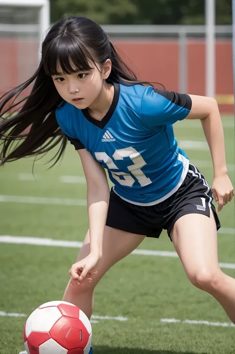  with bangs and straight hair playing football 