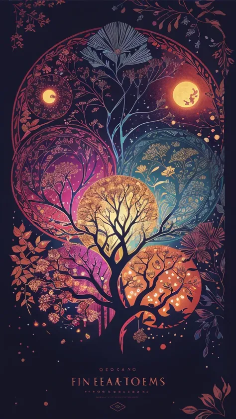 circular tree,four seasons,spring,summer,autumn,winter,leaves,roots,branches,trunk,ornate border,decorative,digital illustration,artwork,movement,time,swirling background,dark background,vibrant colors,natural,life cycle,growth,change,nature,life,peace,har...