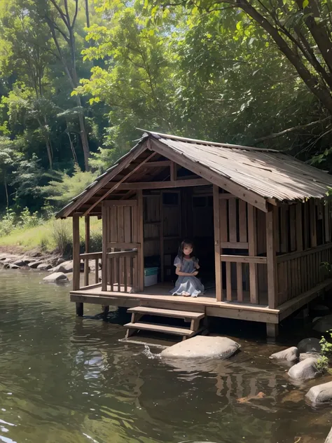 (Best quality), girl about 11 years old, In the woods, on riverside, hut, girl in a short gray dress, two bear cubs on the shore, noon, Beautiful landscape