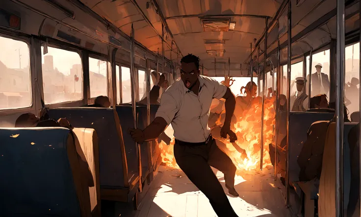 masterpiece, one black woman and one white male bus driver actively fighting with fire on a bus