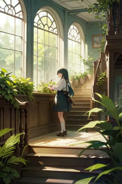 (exceptional, best aesthetic, new, newest, best quality, masterpiece, extremely detailed, anime, waifu:1.2), watercolor,cafe,nature,green,ivy,plants,no-human,stair,window,grass