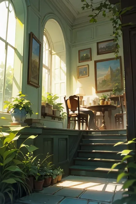 (exceptional, best aesthetic, new, newest, best quality, masterpiece, extremely detailed, anime, waifu:1.2), watercolor,cafe,nature,green,ivy,plants,no-human,stair,window,grass