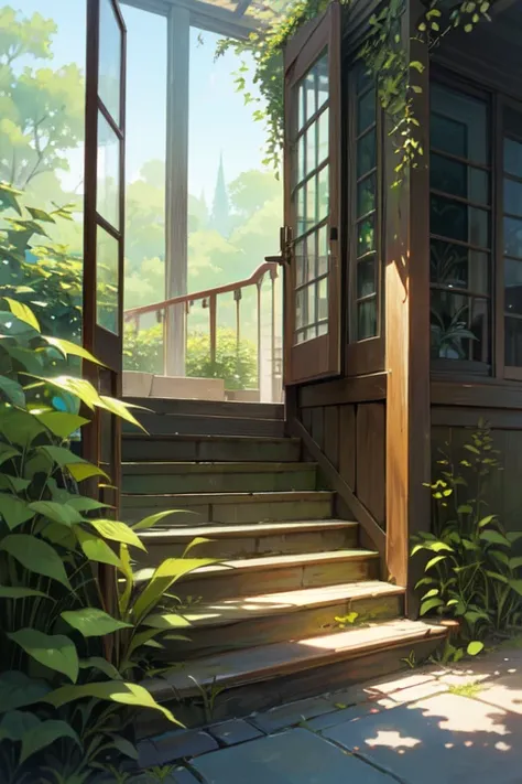 (exceptional, best aesthetic, new, newest, best quality, masterpiece, extremely detailed, anime, waifu:1.2), watercolor,cafe,nature,green,ivy,plants,no-human,stair,window,grass