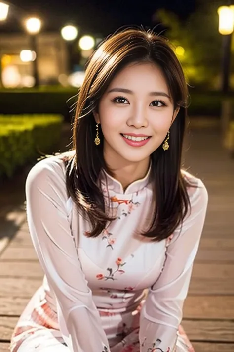 (a gorgeous lady, age 18, Vietnamese traditional dress Ao Dai, posing at Takada Castle Park Cherry Blossom, under night sky, friendly expression, dimpled smile, cute snaggle-tooth, short hair ponytail, beautiful detailed face, beautiful detailed eyes, ampl...