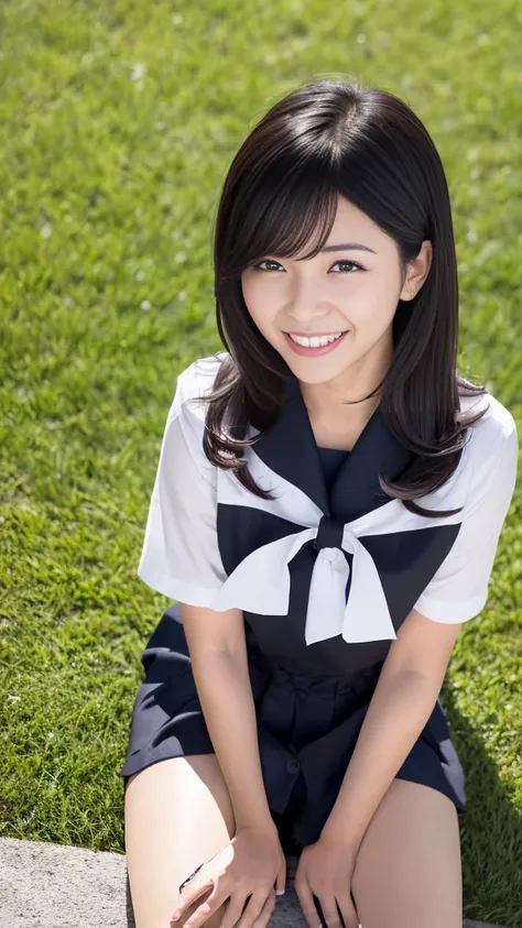 A scene of a black-haired woman wearing a sailor uniform sitting on the grass on a sunny day with a big smile