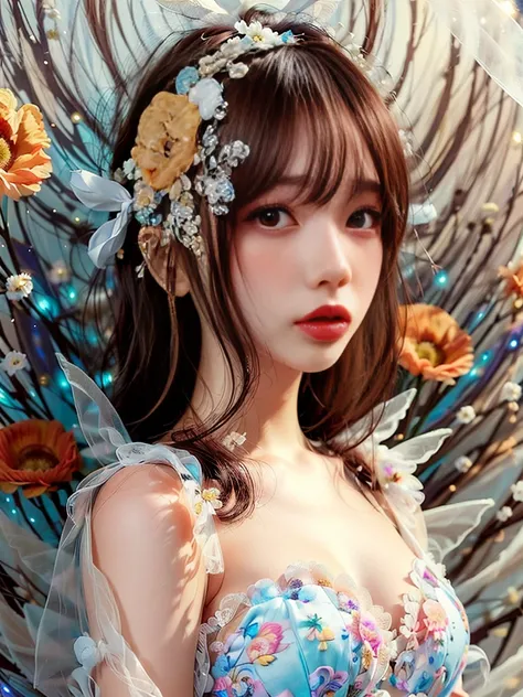 4K Ultra HD, masterpiece, girl, Nice face, Fine grain, Detailed lips, Flower fairy girl, Big Wings, Transparent feathers, Neon Light, (Galaxy Background:1.5), (Floral Dress:1.8), (White Dress:1.5), In heaven,