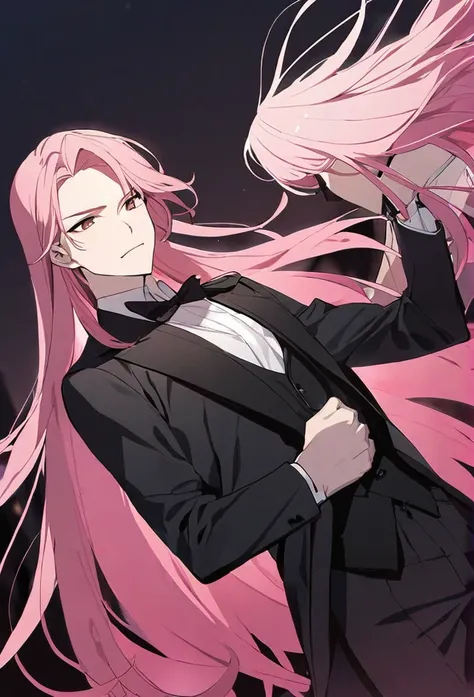 guy, pink hair, brown eyes, long hair, black tuxedo, black suit