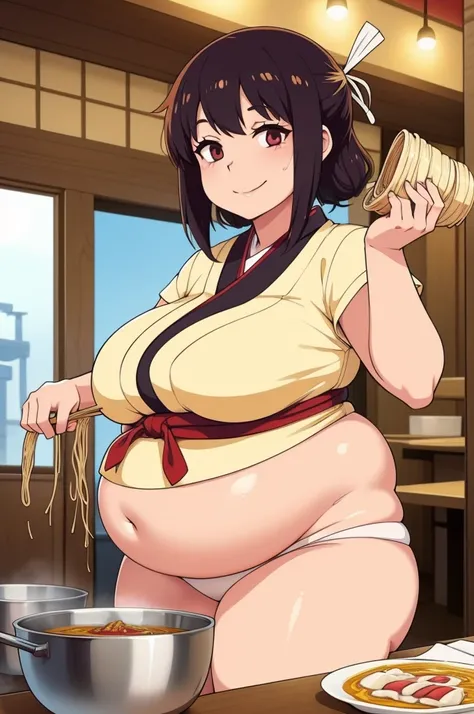 1woman, ramen chef, Japanese, cooking ramen, at a restaurant, Japanese clothes, fat, smiling, curvy,