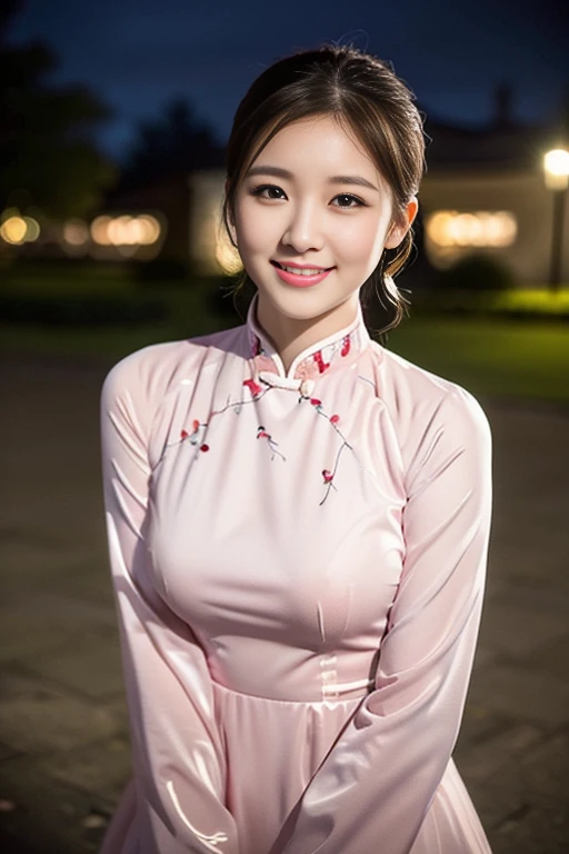 (a gorgeous lady, age 18, Vietnamese traditional dress Ao Dai, posing at Takada Castle Park Cherry Blossom, under night sky, friendly expression, dimpled smile, cute snaggle-tooth, short hair ponytail, beautiful detailed face, beautiful detailed eyes, ampl...