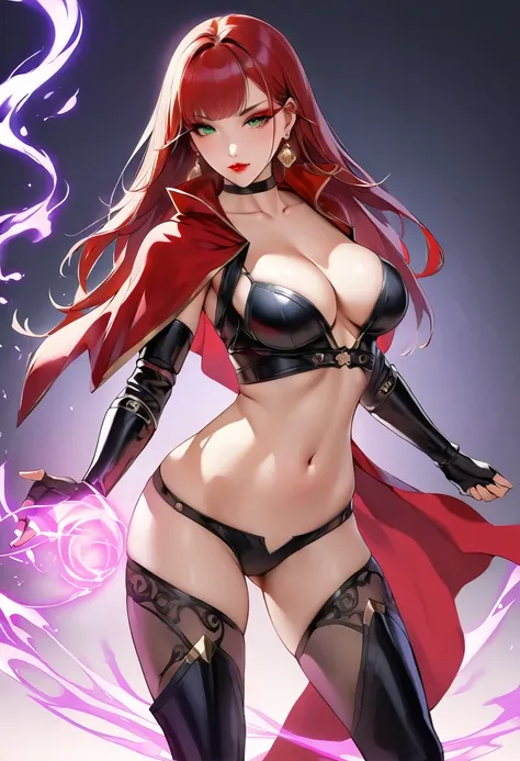 (masterpiece:1.2), (highest quality:1.2), 1girl, solo, red-hair, red-cape, breasts, green-eyes, long-hair, cape, navel, looking-at-viewer, jewelry, earring, belt, choker, gloves, magic, standing, ass-visible-through-thighs, boots, cleavage, closed-mouth, m...