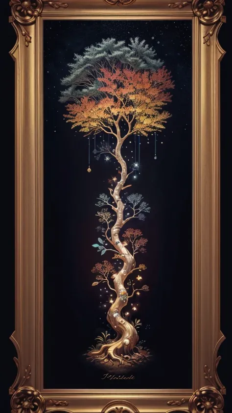 circular tree,four seasons,spring,summer,autumn,winter,leaves,roots,branches,trunk,ornate border,decorative,digital illustration,artwork,movement,time,swirling background,dark background,vibrant colors,natural,life cycle,growth,change,nature,life,peace,har...