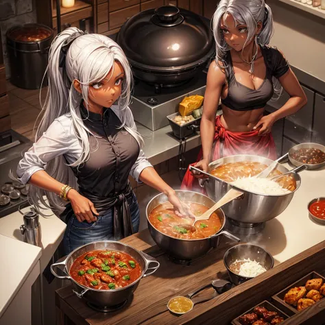 A dark-skinned woman with silver hair in a ponytail, Wearing a black dress shirt and slim jeans, Making spices.　Showing your belly button　Indian traditional clothing　Tandoori kettle　Tandoori Chicken