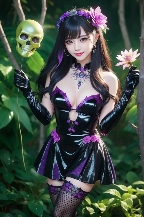 sexy stylish female who controls poison、beautiful smile、lipgloss、long lashes、dramatic makeup、look at the camera、full body Esbian、、sparkling poisoned enchanted flower costume、、、、shiny sparkling multicolor hair、secrete poison、skull hair accessories、fishnet t...