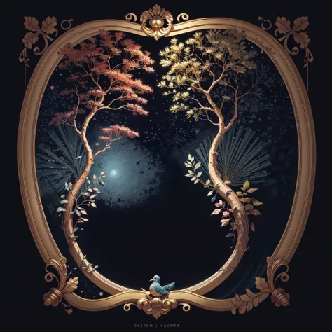 circular tree,four seasons,spring,summer,autumn,winter,leaves,roots,branches,trunk,ornate border,decorative,digital illustration,artwork,movement,time,swirling background,dark background,vibrant colors,natural,life cycle,growth,change,nature,life,peace,har...