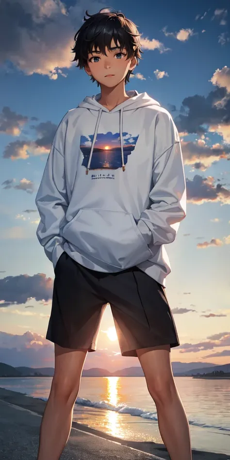 1 teenage boy in white sweatshirt, thinking at sunset 