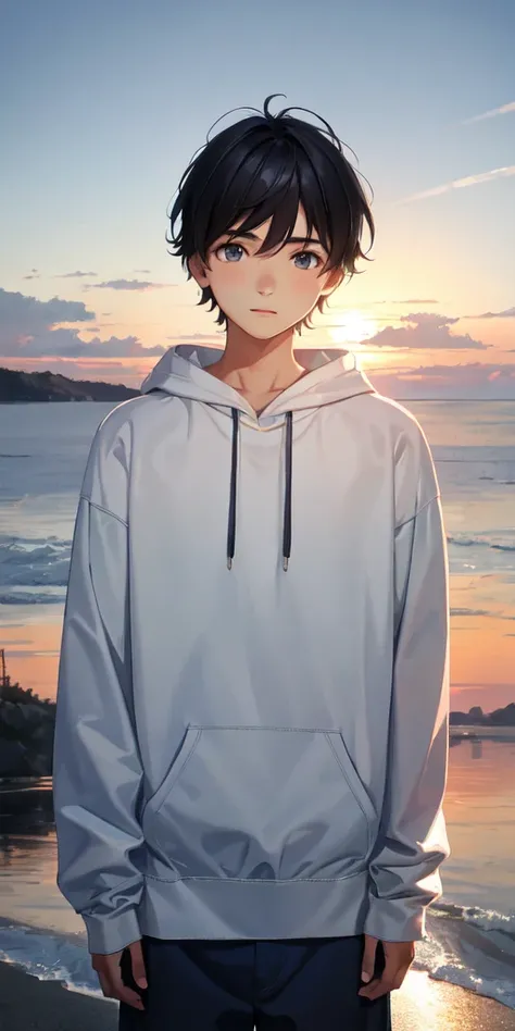 1 teenage boy in white sweatshirt, thinking at sunset 