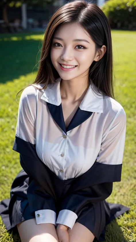 A scene of a black-haired woman wearing a sailor uniform sitting on the grass on a sunny day with a big smile