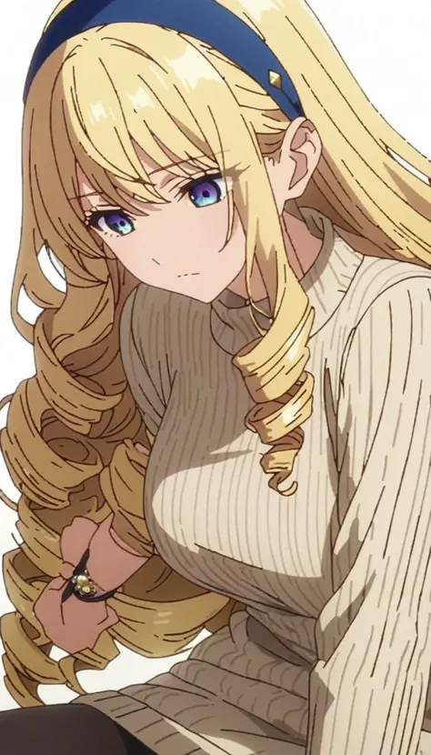 masterpiece, best quality, screencap, 1girl, solo, blonde hair, long hair, curly hair, drill hair, blue hairband, sweater dress, ribbed sweater, golden corners, bracelet, jewellery, black pantyhose, adult, large breasts, white background, empty look, close...