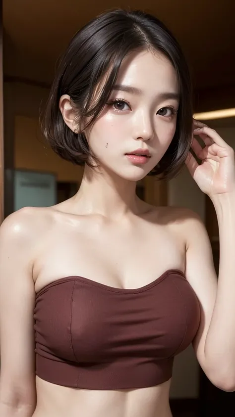 (((masterpiece))),(((High resolution)))、(((perfect face)))、(((Korean beauty))), 30 years old, (((tube top))), (bikini), ((top quality eyes)), ((high resolution face)), detailed face, (detailed texture), big tits, plump, (short hair)
