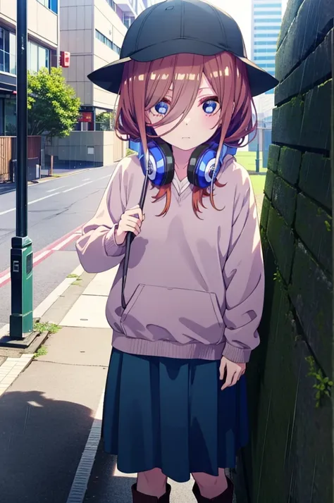 miku nakano, Nakano Miku Ticket III, Long Hair, bangs, blue eyes, Brown Hair, Hair between the eyes,Baseball hats,Headphones around neck,Oversized blue hoodie,Long skirt,short boots,rain,Hiding in a roofed building,Standing leaning against the wall,whole b...